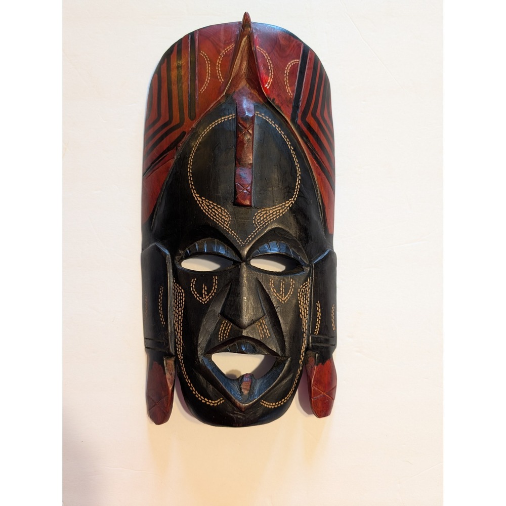Vintage Jambo Kenya Hand Carved Wood Tribal Mask Black Red Boho Wall Art 13"
